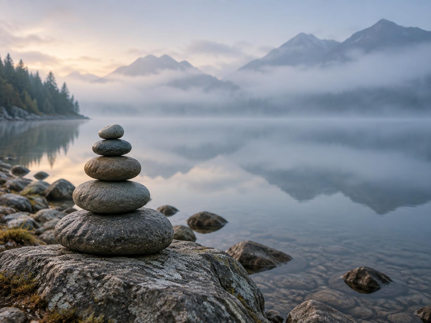 A cairn marking the way beside a misty lake